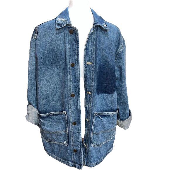 Zara Denim Jacket Patchwork Vintage Oversized Button Front Pockets Men Sz S Y2K - Picture 1 of 9